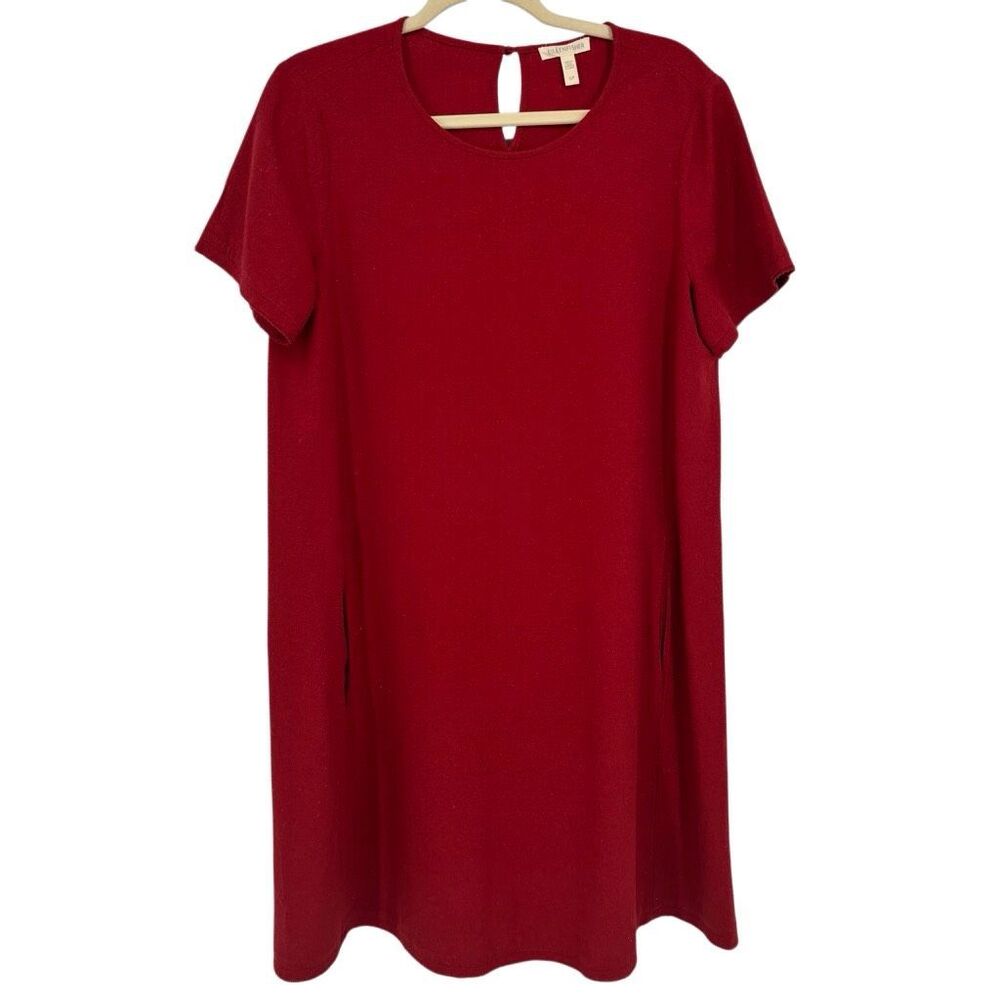 Eileen‎ Fisher Serrano Silk Noil Round Neck Textured Shift Dress Red Size Small